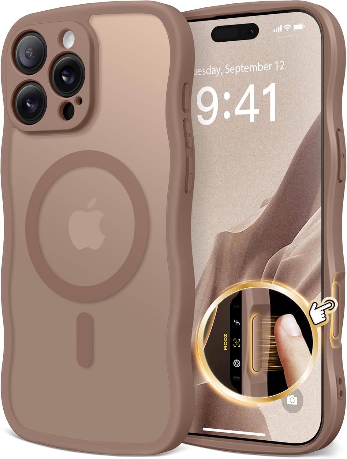 CAPRARO for iPhone 16 Pro Max Case for Women Girls, Upgraded [Full Camera Protection] [Compatible with MagSafe] Cute Wave Translucent Matte Phone Case for iPhone 16 Pro Max, Brown