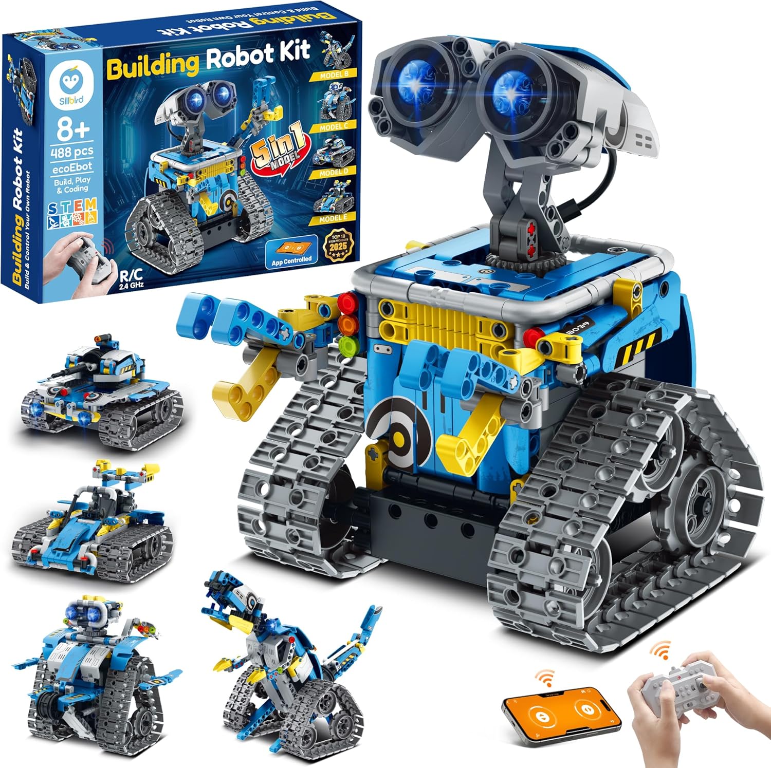 Sillbird Robot Building Kit with Remote Control STEM Gifts for Boys Ages 8-12, Technic Coding Robotic Toys for Kids Birthday, Build 5in1 Models with 488 Pieces - Blue