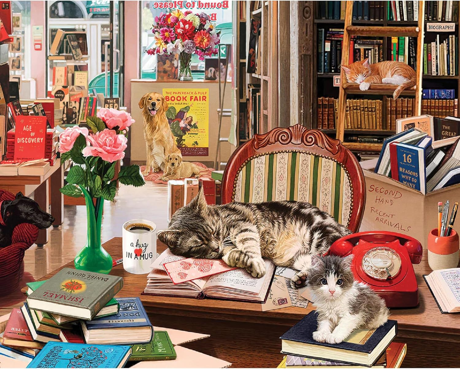 White Mountain 1000 Piece Jigsaw Puzzle Cats Vintage Bookstore Puzzles with Large Pieces, Gift for Adults and Family 24"x30" - Cozy Bookshop
