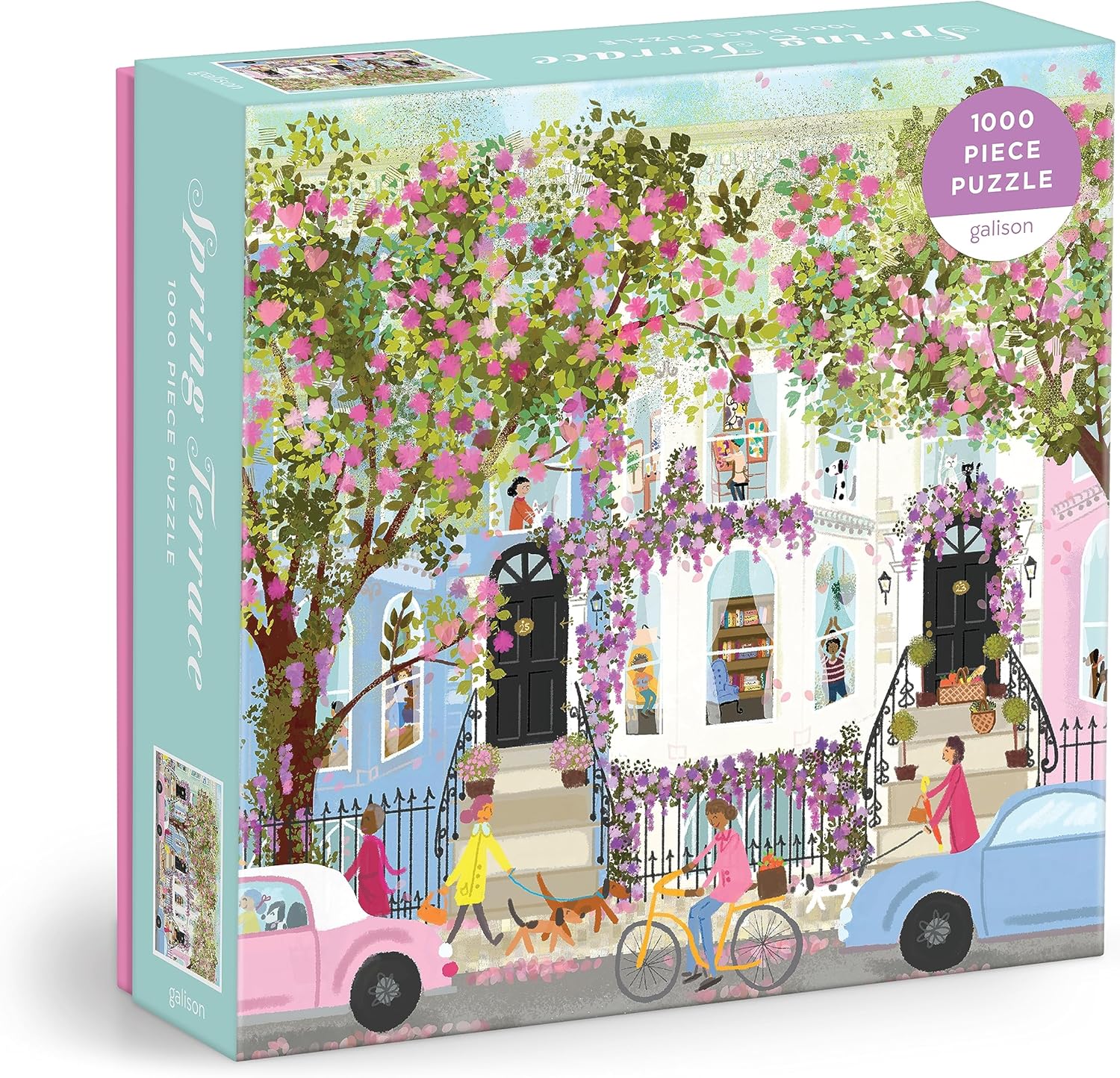 Galison Spring Terrace \u2013 1000 Piece Joy Laforme Puzzle Featuring a Magnolia Filled Neighborhood Day On A Spring Day